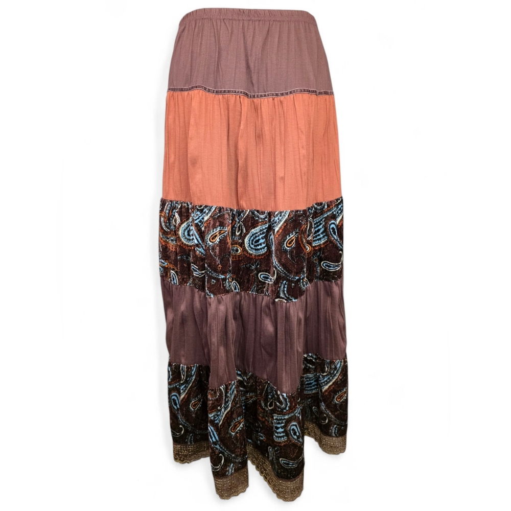 Y2K Boho Tiered Maxi Skirt Strapless Dress Brown Paisley Velvet Medium Festival